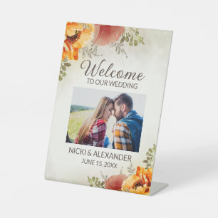 Burnt Orange Floral Wedding Welcome Photo  Pedestal Sign
