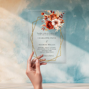 Burnt orange florals gold geometric clear wedding acrylic invitations