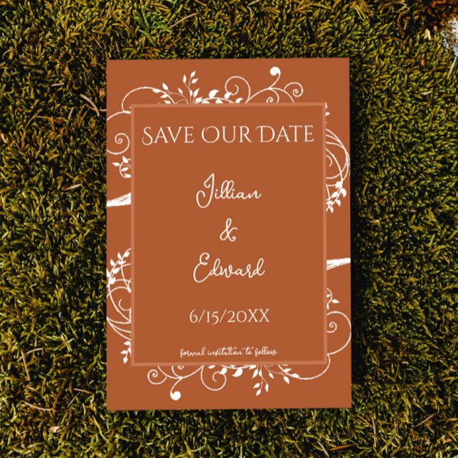 Burnt Orange Flourish Save The Date Announcement (Burnt Orange Flourish Save the Date Wedding Announcement)