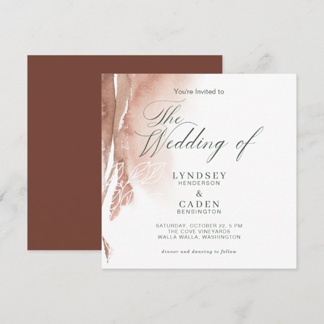 Burnt Orange Forest Green Watercolor Wedding Invitation (Front/Back)