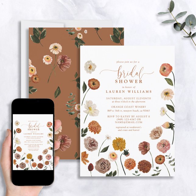 Burnt Orange Garden Flowers Script Bridal Shower Invitation (Creator Uploaded)