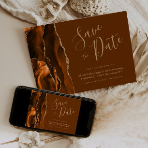 Burnt Orange Gold Agate Brown Save the Date Invitation