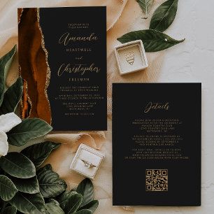 Burnt Orange Gold Agate Dark QR Code Wedding Invitation