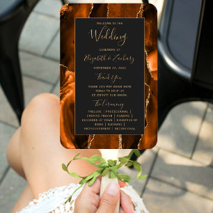 Burnt Orange Gold Agate Dark Wedding Program Hand Fan