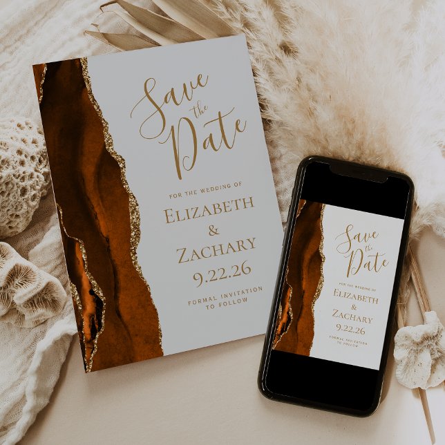Burnt Orange Gold Agate Grey Save the Date Invitation (Creator Uploaded)
