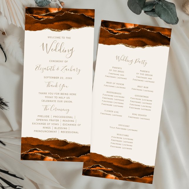 Burnt Orange Gold Agate Ivory Wedding Program (Creator Uploaded)
