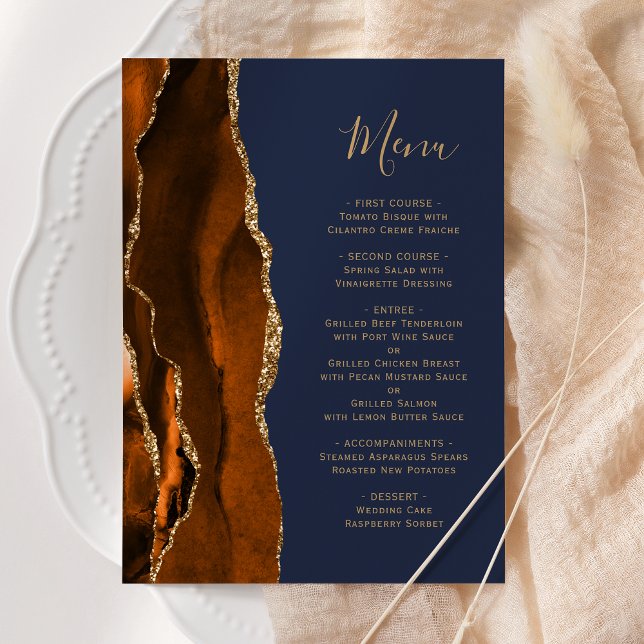 Burnt Orange Gold Agate Navy Blue Wedding Menu (Creator Uploaded)