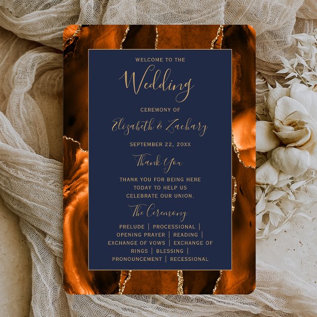 Burnt Orange Gold Agate Navy Blue Wedding Program (Creator Uploaded)