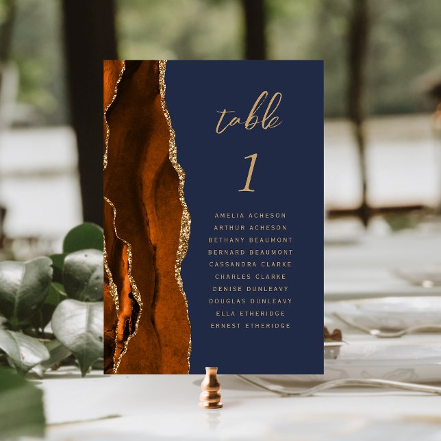 Burnt Orange Gold Agate Navy Blue Wedding Table Number (Creator Uploaded)