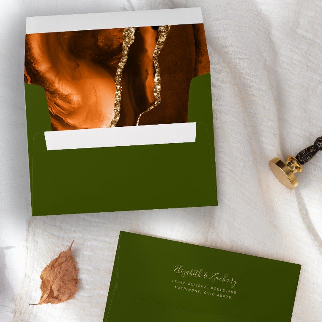 Burnt Orange Gold Agate Olive Green Wedding Envelope (Creator Uploaded)