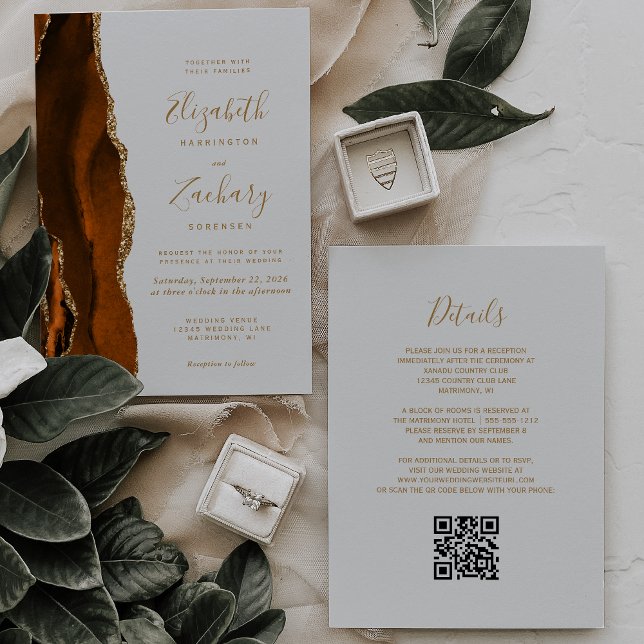 Burnt Orange Gold Agate Pale Grey QR Code Wedding Invitation (Creator Uploaded)
