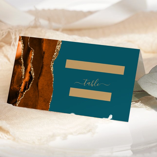 Burnt Orange Gold Agate Teal Wedding Place Card (Creator Uploaded)