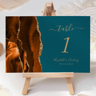 Burnt Orange Gold Agate Teal Wedding Table Number