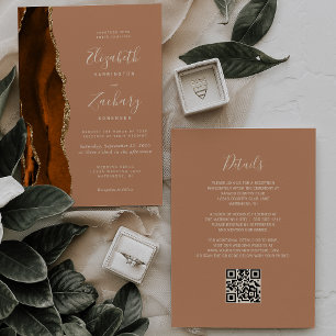 Burnt Orange Gold Agate Terracotta QR Code Wedding Invitation