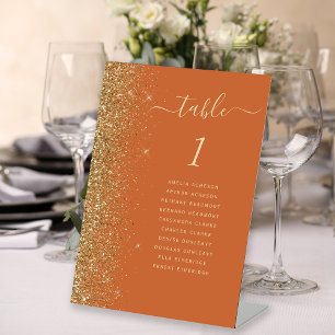 Burnt Orange Gold Glitter Wedding Table Number Pedestal Sign