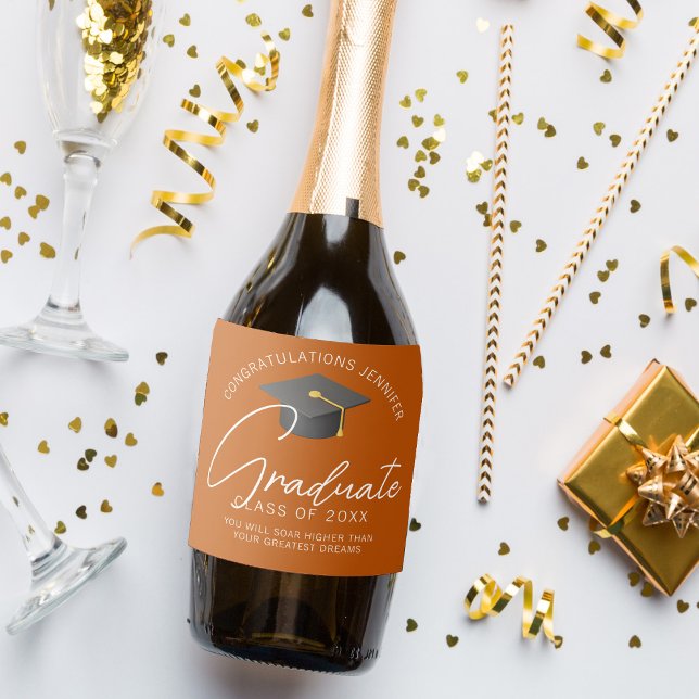 Burnt Orange Graduate Custom Graduation Party Sparkling Wine Label (Creator Uploaded)