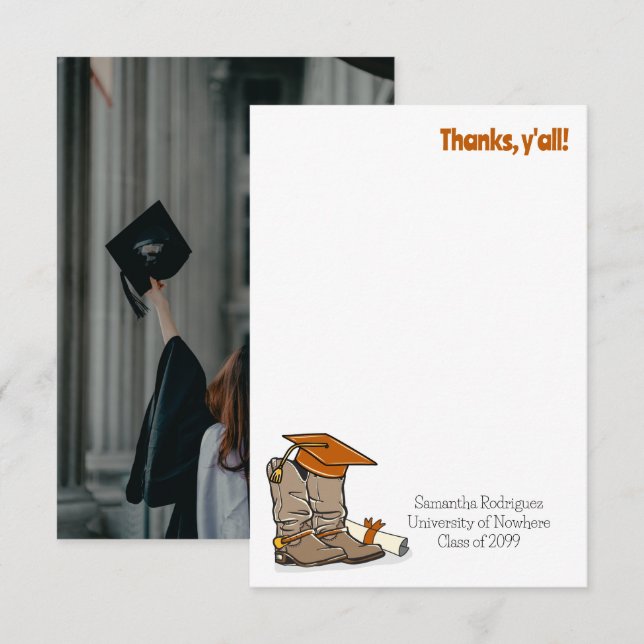 Burnt Orange Graduation Cap and Cowboy Boot Thank You Card (Front/Back)