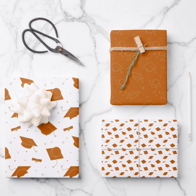Burnt Orange Graduation Cap Toss Wrapping Paper Sheet (Front)