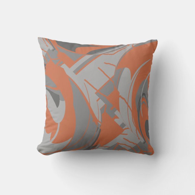 Burnt Orange Gray Charcoal Lush Leaf Art Swirls Throw Pillow (Front)
