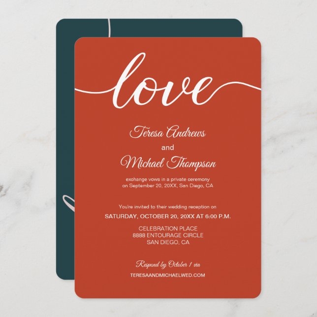 Burnt Orange Green Elopement wedding reception Invitation (Front/Back)