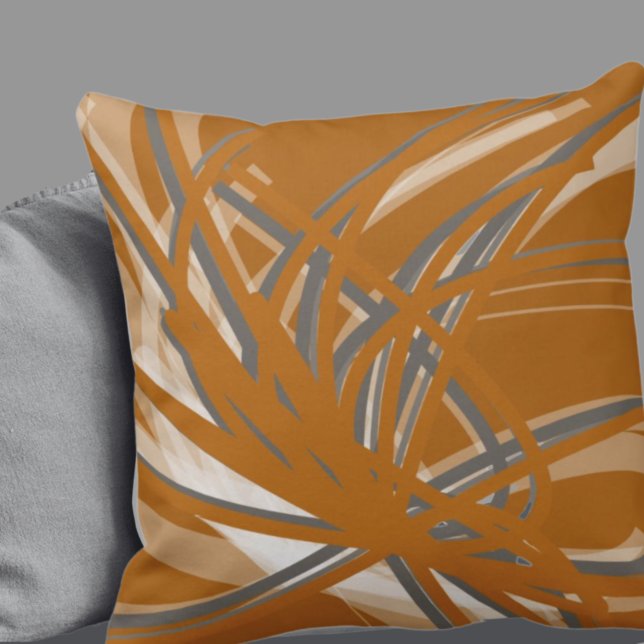 Burnt Orange & Grey Artistic Abstract Ribbons Throw Pillow (Creator Uploaded)
