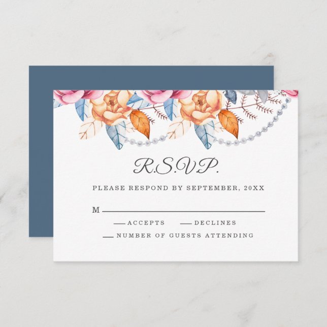 Burnt Orange Grey Watercolor Floral Wedding RSVP  (Front/Back)