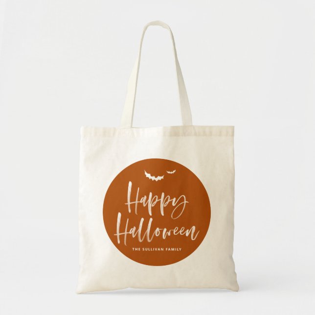 Burnt Orange Happy Halloween Brush Calligraphy Tote Bag (Front)