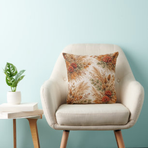 Burnt Orange Harvest Boho Floral Pattern Throw Pillow