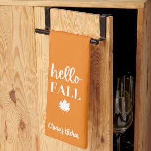 Burnt Orange Hello Fall Personalized Name Custom Kitchen Towel
