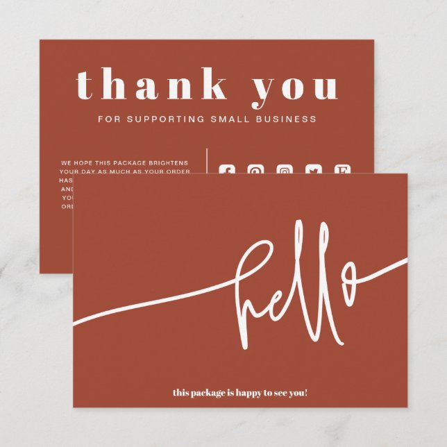  Burnt Orange Hello Thank You Order Small Business Enclosure Card (Front/Back)