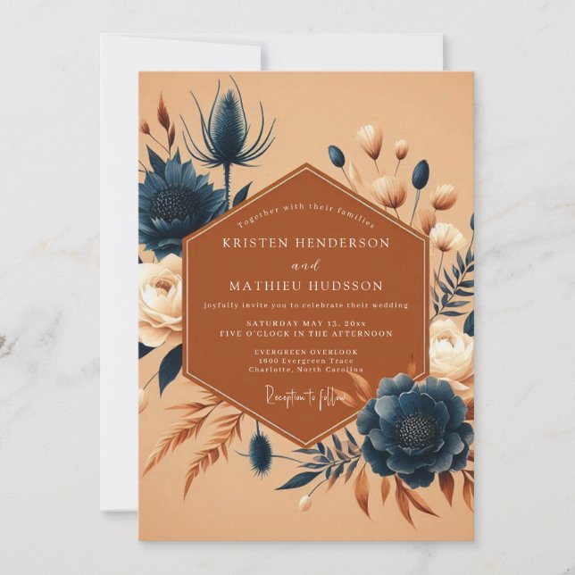 Burnt Orange Indigo Flora Wedding Invitation (Front)