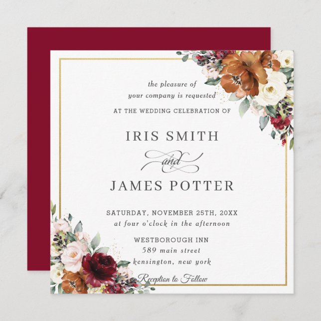 Burnt Orange Ivory Burgundy Floral Wedding Square Invitation (Front/Back)