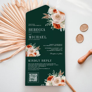 Burnt Orange Ivory Floral QR Code Emerald Wedding All In One Invitation