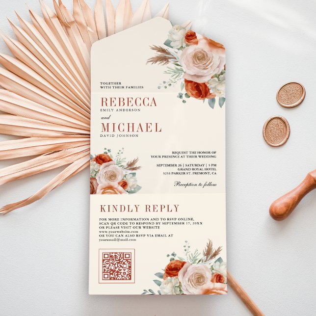 Burnt Orange Ivory Floral QR Code Wedding All In One Invitation (Creator Uploaded)