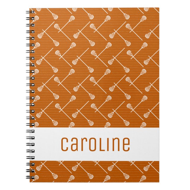 Burnt Orange Lacrosse White Sticks Patterned Notebook (Front)