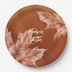 burnt orange maple leaves accent fall wedding paper plate