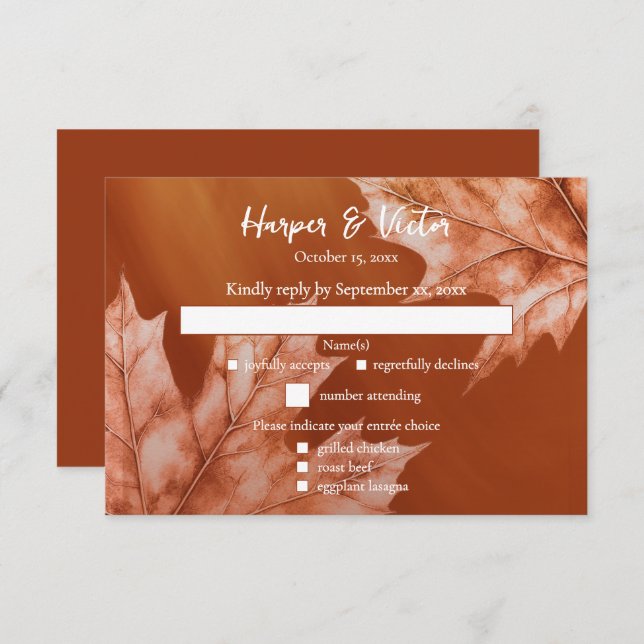 burnt orange maple leaves accent QR code RSVP Card (Front/Back)