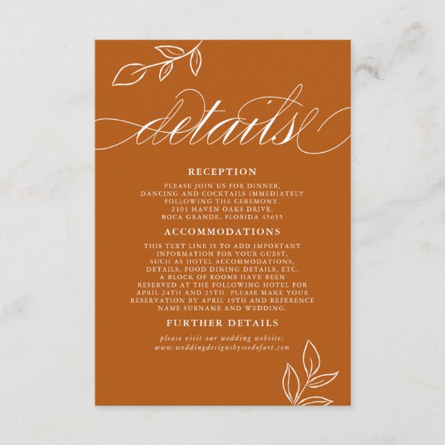 Burnt Orange Minimal Leaf QR Code Wedding Details Enclosure Card (Front)