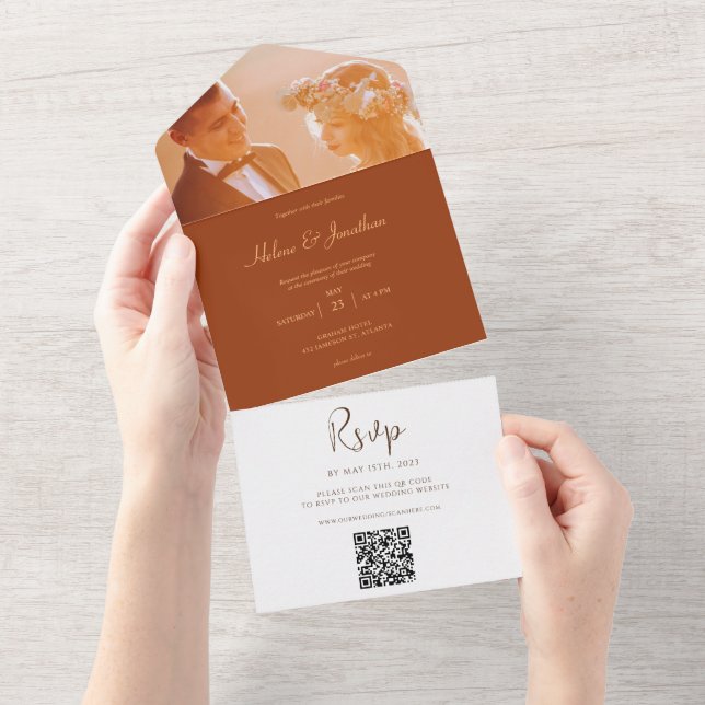 Burnt Orange Minimal Photo Wedding QR Code All In One Invitation (Tearaway)
