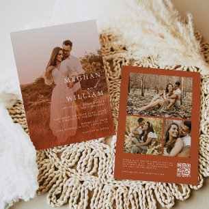 Burnt Orange Minimalist Photo QR code Wedding Invitation