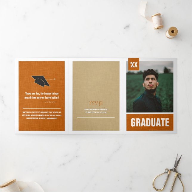 Burnt Orange Modern Textured Photo Graduation Tri-Fold Invitation (Outside)