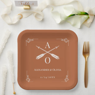 Burnt Orange Monogram and Arrows Wedding Paper Plate