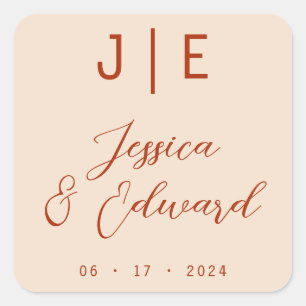 Burnt Orange Monogram Elegant Script Couple Name Square Sticker