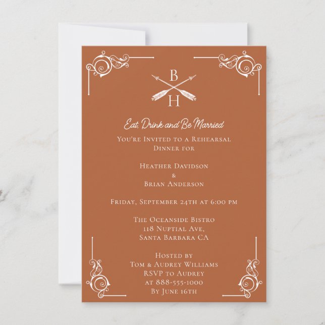Burnt Orange Monograms and Arrows Rehearsal Dinner Invitation (Front)