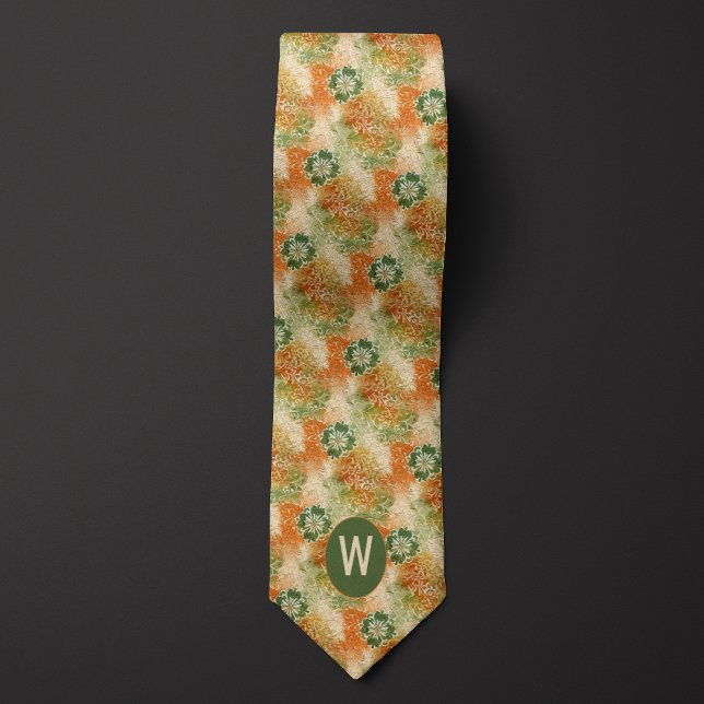 Burnt Orange, Moss Green Abstract Floral Monogram Tie (Creator Uploaded)