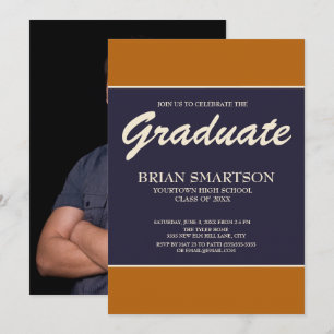 Burnt Orange Navy Blue Graduation Party Photo Invitation