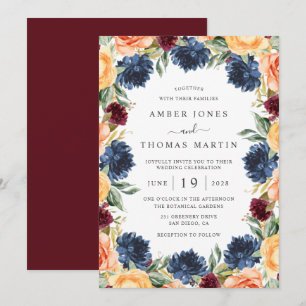 Burnt Orange Navy Burgundy Floral Wedding  Invitation