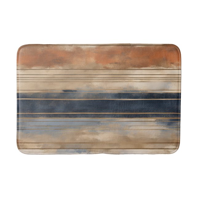 Burnt Orange Navy Dusty Blue Distressed Stripe Bath Mat (Front)