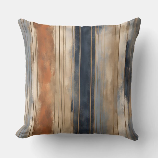 Burnt Orange Navy Dusty Blue Distressed Stripe Throw Pillow (Front)