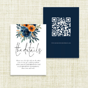 Burnt Orange Navy Florals QR Code Wedding Details Enclosure Card